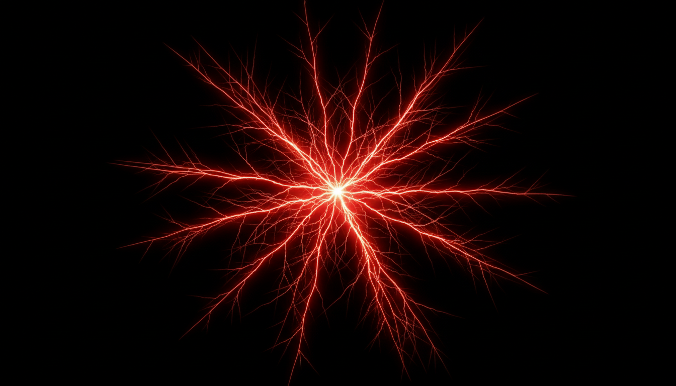 Ein intensives Netzwerk aus roten und orangefarbenen Blitzen auf dunklem Hintergrund, das die schnelle Reaktion und hohe Energie des sympathischen Nervensystems symbolisiert.