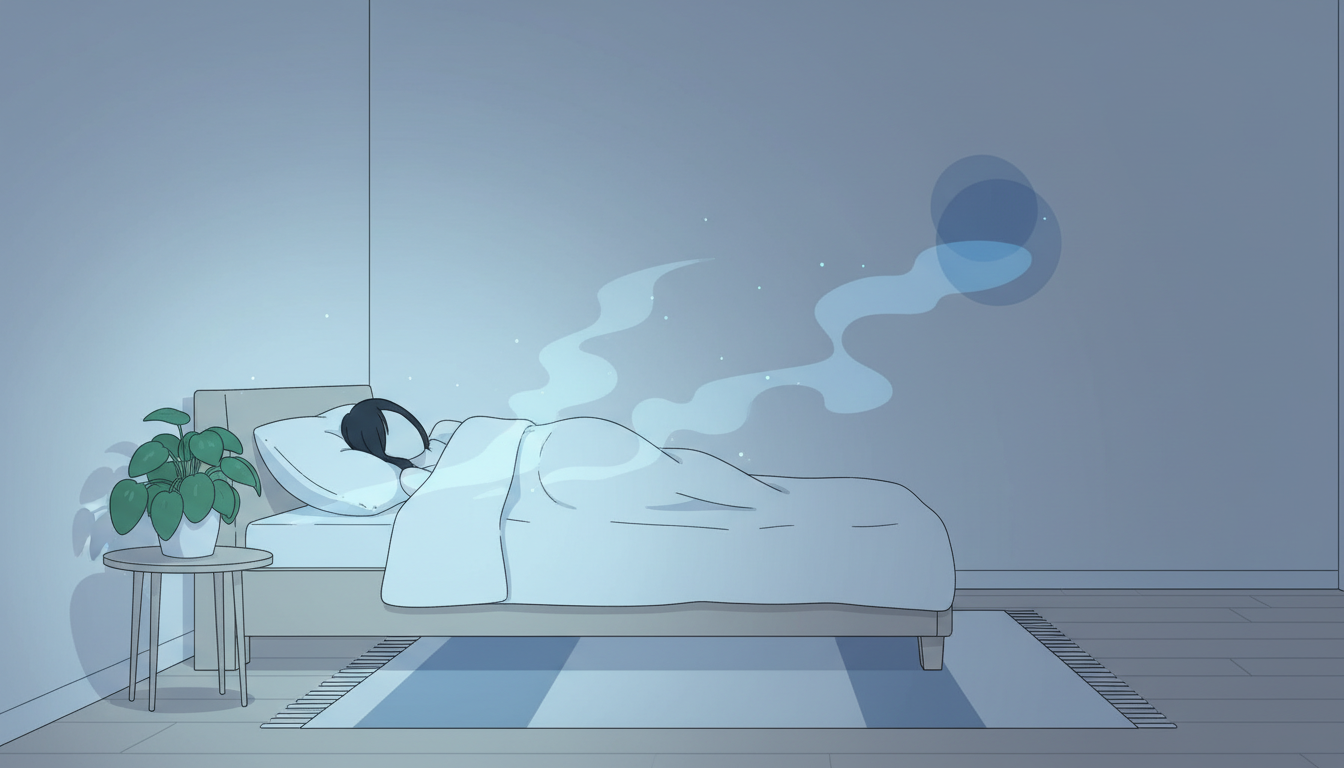 Ein ruhiges Schlafzimmer mit dezentem kühlem Blaulicht und sanftem Nebel, das die optimale Temperatur und Ruhe für erholsamen Schlaf darstellt.