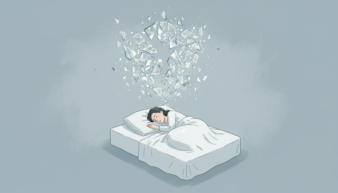 Schlafende Person mit zerbrochenen Lichtsplittern, die unterbrochenen Schlaf bei Schlafapnoe symbolisieren.