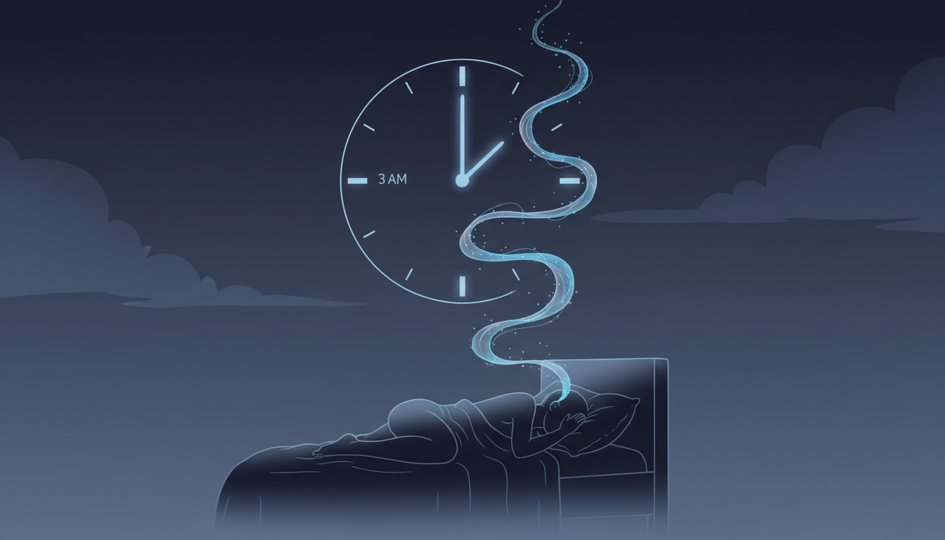 Schattenuhr zeigt 3 Uhr nachts mit ruheloser Energie über einer schlafenden Person, Symbol für gestörten Schlaf