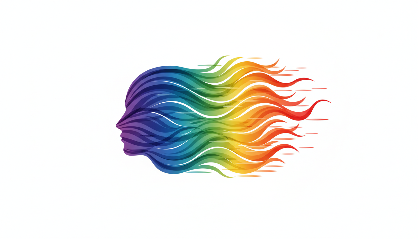 Stilisierter menschlicher Kopf mit farbenfrohem Spektrum an Energie- und Gehirnwellen, die das gesamte Bewusstseinsspektrum symbolisieren.