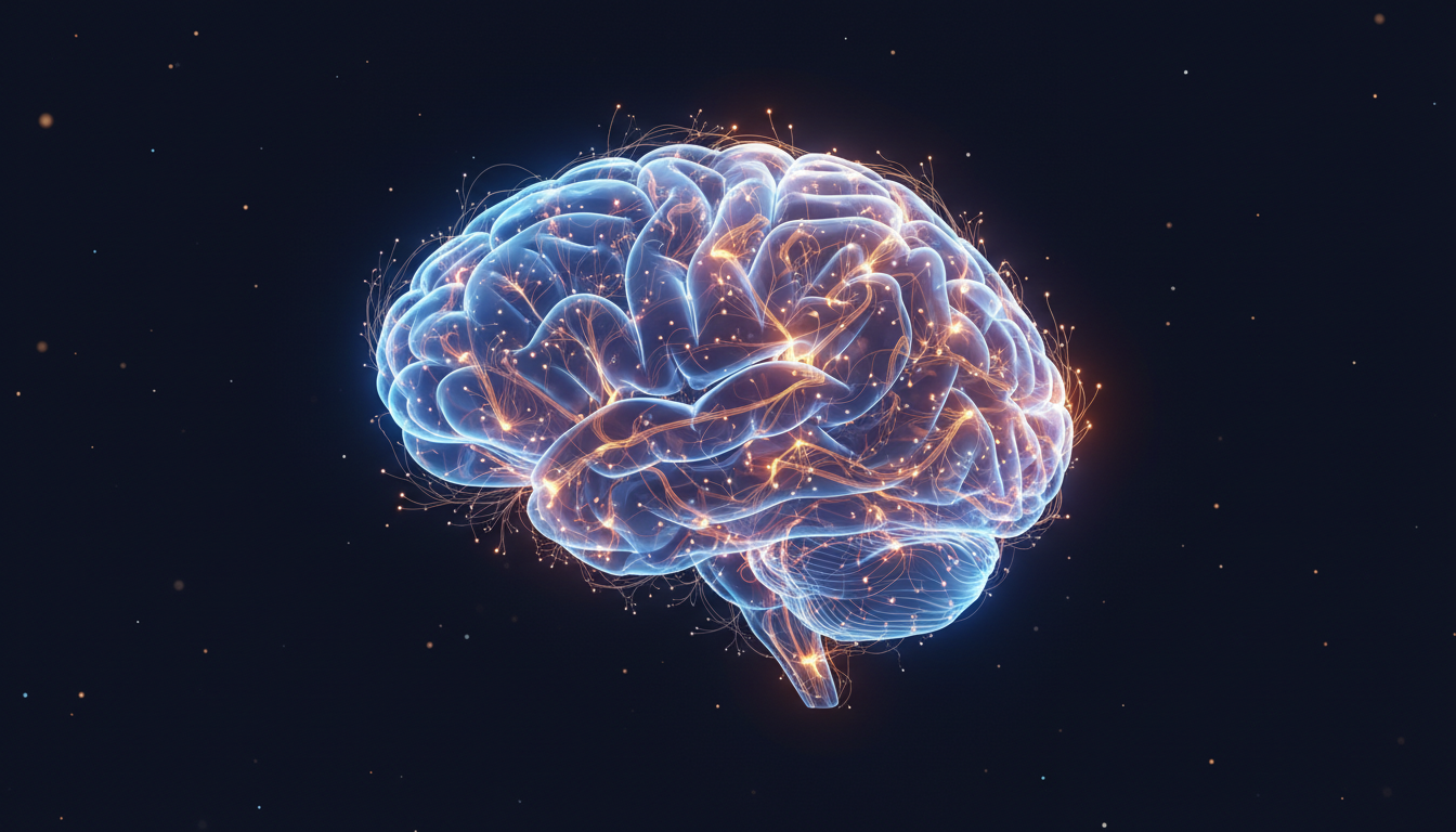 Ein menschliches Gehirn als verformbares, leuchtendes Netzwerk, das neue, hellere Verbindungen bildet und an neuronale Gärten erinnert, symbolisiert Neuroplastizität durch Meditation.