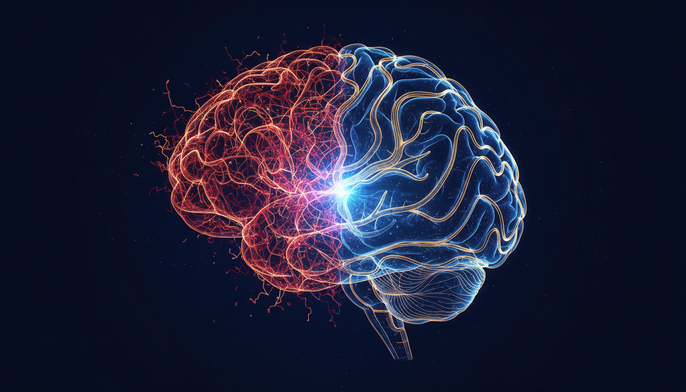 Abstrakte Darstellung von Gehirnaktivität: Transformation von Chaos zu Fokus durch Neuroplastizität