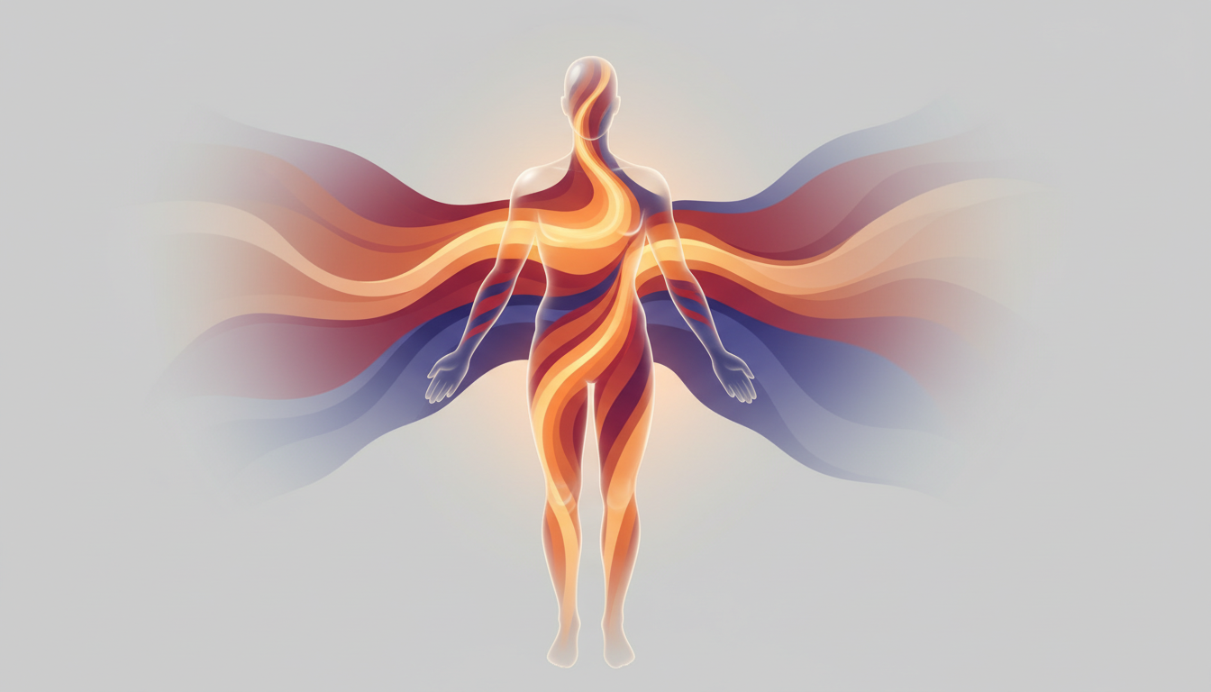 Fließende Lichtwellen durch abstrakten menschlichen Körper, Wärme, Schwere, Autogenes Training.