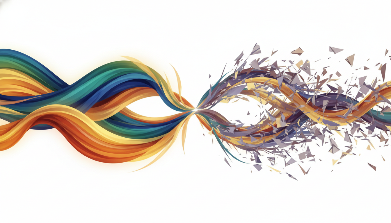 Gegenüberstellung von stabilen, farbigen Energiewellen und unregelmäßigen, verblassten Wellen, die ausgeglichene und schwankende biologische Rhythmen und Energielevel darstellen.