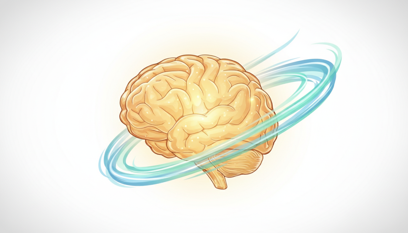 Leuchtendes Glasgehirn mit goldenem Pulsieren und frischem Luftstrom in Blau und Grün, symbolisiert optimale kognitive Funktion und erneuerte Energie.