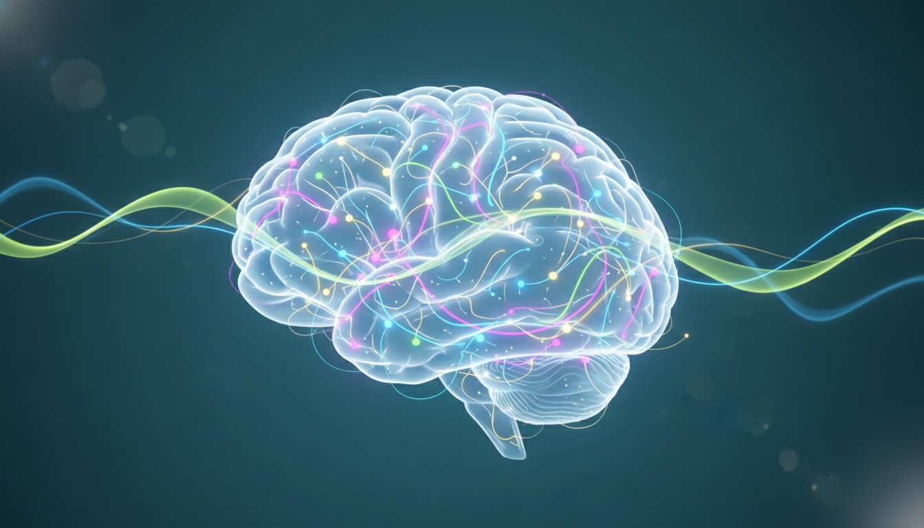 Vernetze, leuchtende neuronale Netze in einem klaren Gehirn, die optimale Gehirnfunktion und Energiefluss durch Magnesium darstellen.