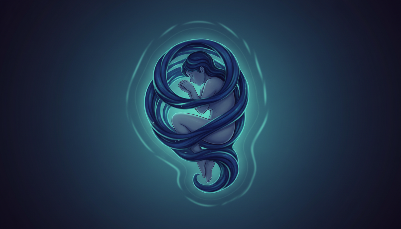 Schlafende Figur in einem Kokon aus tiefem Indigo und Smaragdgrün, symbolisiert Tiefschlaf und Regeneration.