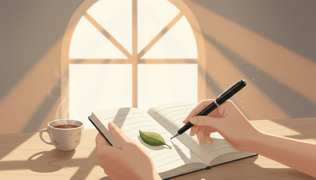 Hände halten ein offenes Notizbuch mit einem Stift im sanften Morgenlicht, veranschaulicht eine ruhige tägliche Routine mit dem Dankbarkeitstagebuch.