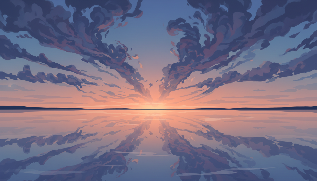 Stiller See bei Sonnenuntergang, der die Auflösung turbulenter Gedanken in innere Ruhe und Gelassenheit während eines Body Scans symbolisiert.