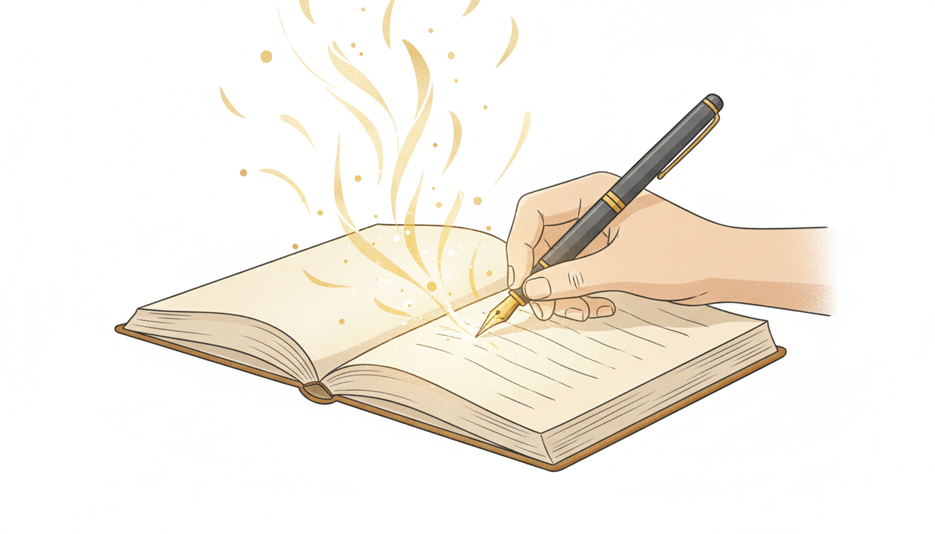 Hand schreibt in Journal, umgeben von warmem Licht und goldenen Partikeln für Dankbarkeit und positive Emotionen.