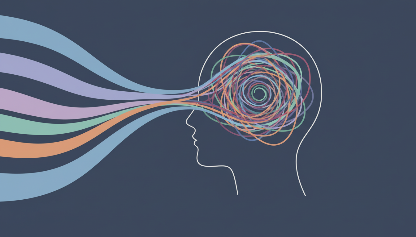 Beruhigende, rhythmische Lichtwellen fließen in ein ruhiges menschliches Profil und verwandeln chaotische innere Lichter in geordnete, beruhigende Muster, was die Wirkung von Neowake darstellt.