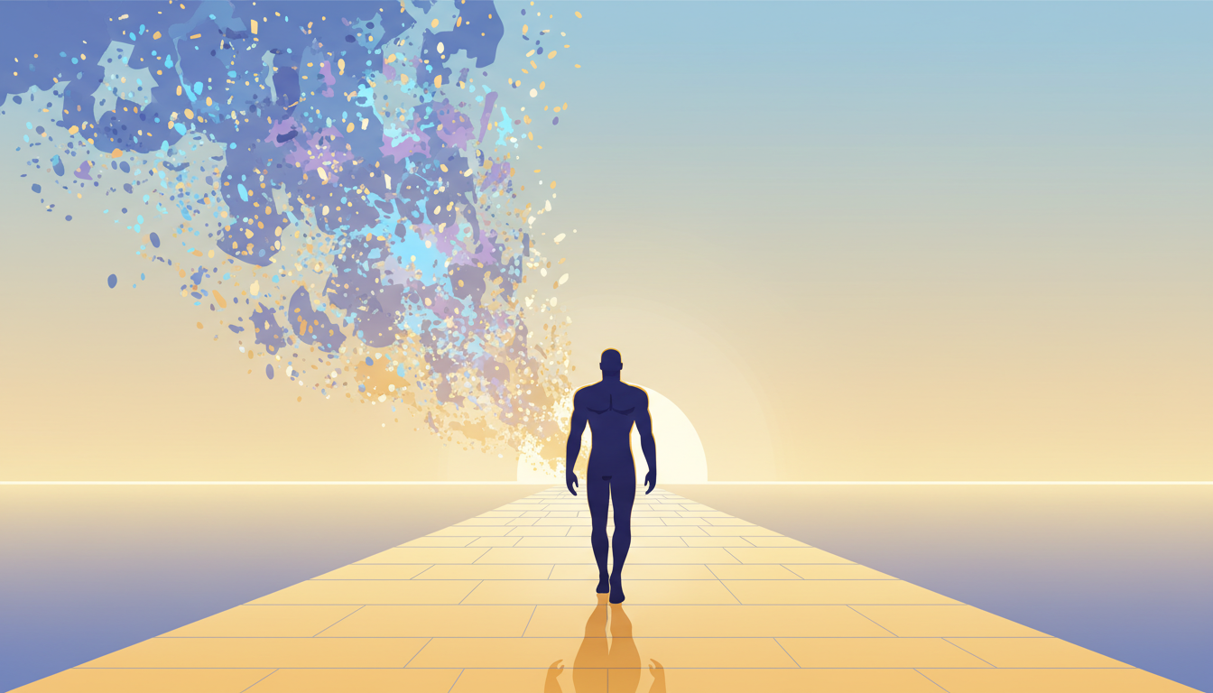 Person geht selbstbewusst auf sonnigem Weg, kehrt ablenkenden Social-Media-Lichtern den Rücken und blickt auf klaren Horizont.