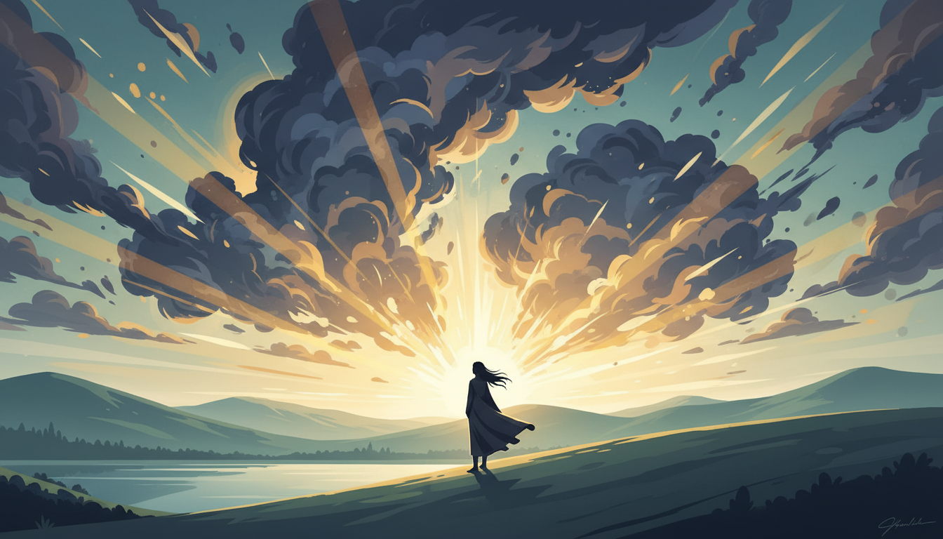 Eine ruhige Figur steht in einer friedlichen Landschaft, während dunkle Wolken von Selbstzweifeln und Kritik sich auflösen, beleuchtet von einem warmen, leitenden Licht.