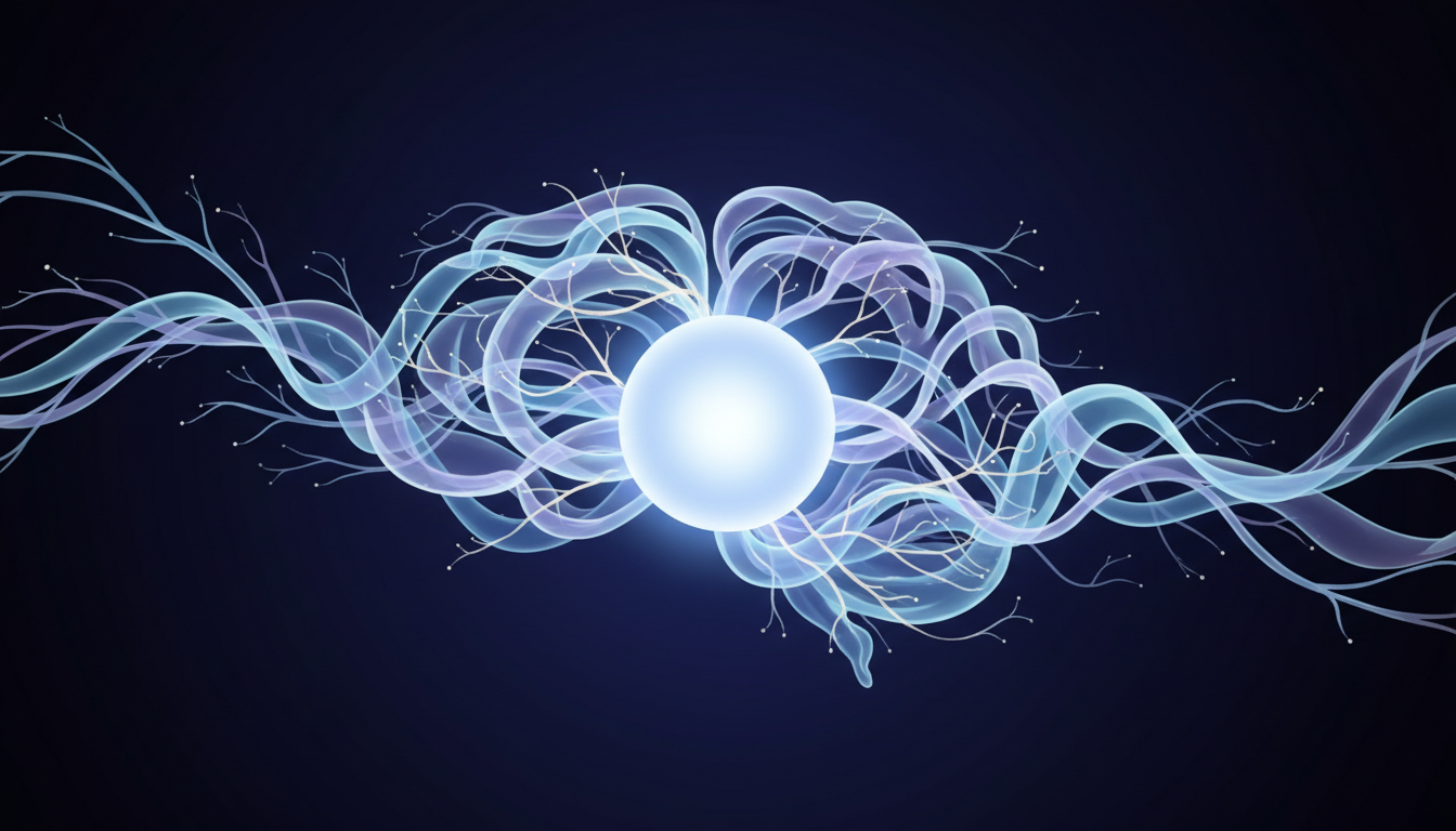 Abstrakte Darstellung ruhiger Gehirnaktivität und neuronaler Bahnen, die zu einem friedlichen Kern führen.