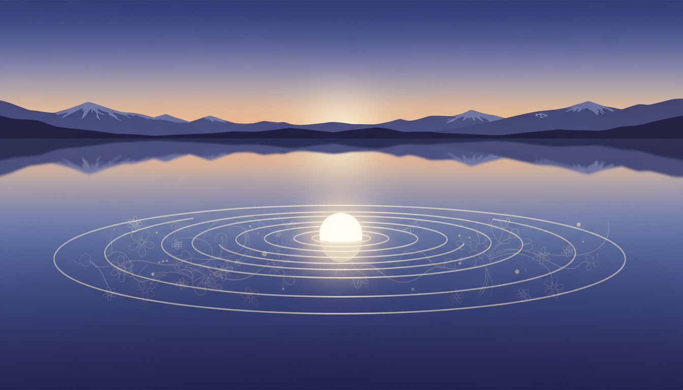 Ruhige Seeoberfläche mit Lichtpunkt und sich ausbreitenden Erkenntniswellen, symbolisiert einen klaren und reflektierenden Geist.