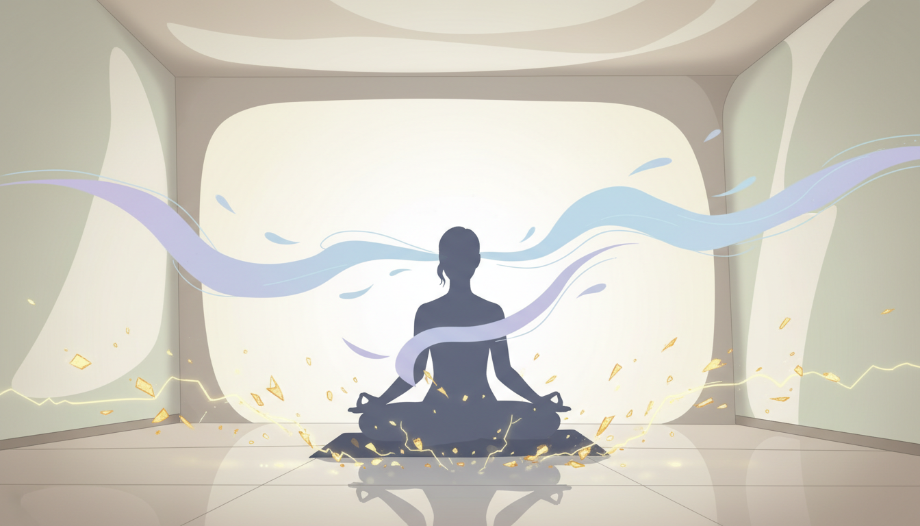 Silhouette einer Person in einem ruhigen Raum, beruhigende Energie vertreibt letzte Spuren zerstreuten Lichts für innere Einkehr.