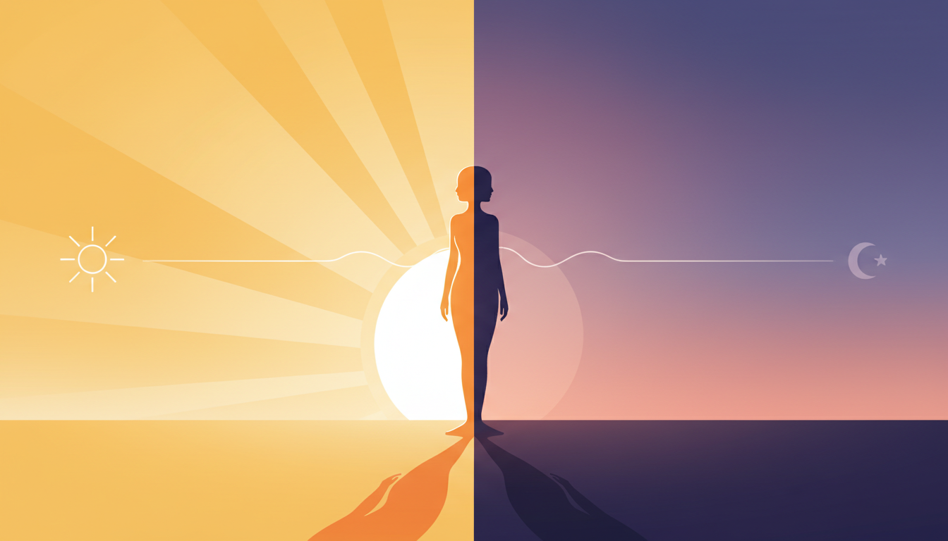 Silhouette einer Person im goldenen Morgen- und warmen Abendlicht, zeigt den Einfluss des Lichts auf den Tagesrhythmus.