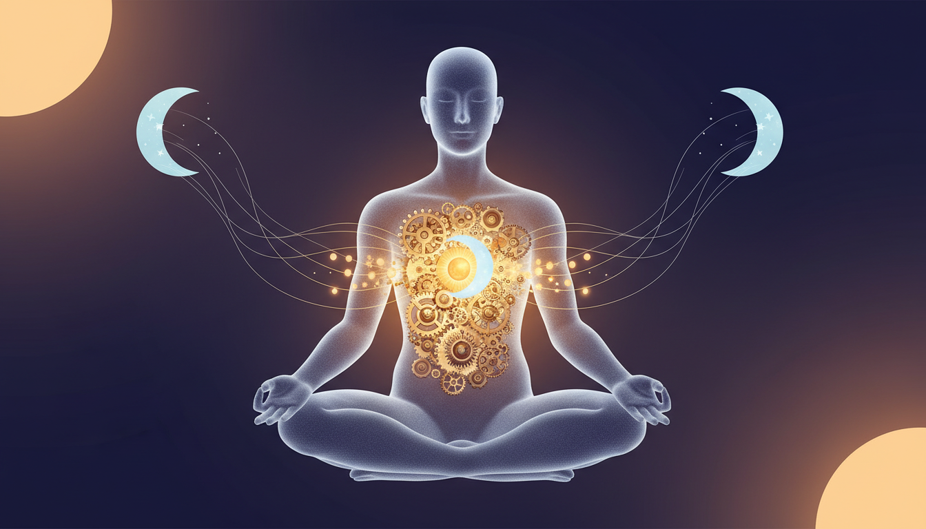 Leuchtendes Uhrwerk im Menschen, das die Synchronisation des zirkadianen Rhythmus mit Sonne und Mond darstellt.