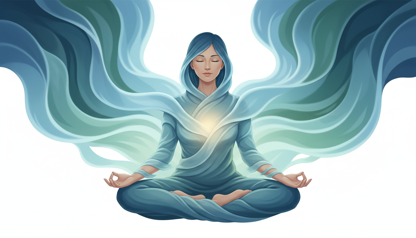 Serene Person in Meditationshaltung, umhüllt von beruhigenden blau-grünen Lichtwellen, die Ruhe und inneren Frieden ausstrahlen.