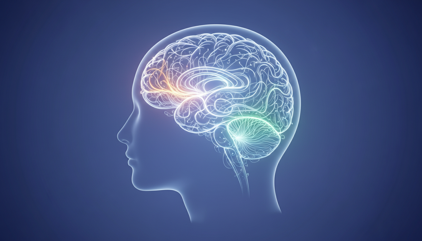 Leuchtende neuronale Bahnen in einem ruhigen Geist, die verbesserte Gehirnkonnektivität und emotionales Gleichgewicht durch Metta-Meditation visualisieren.