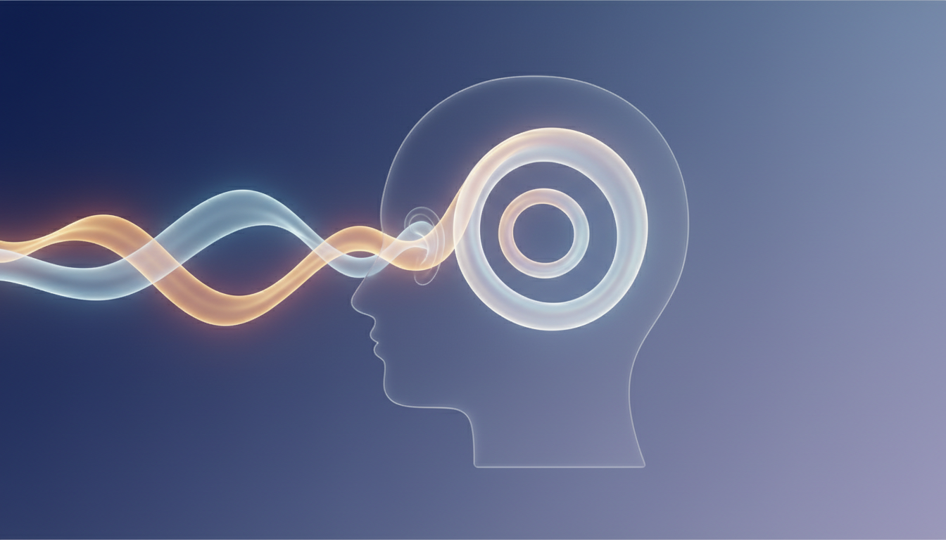 Zwei Lichtwellen verschmelzen in einer Kopfsilhouette, um die Beeinflussung der Gehirnwellen durch Audio darzustellen.