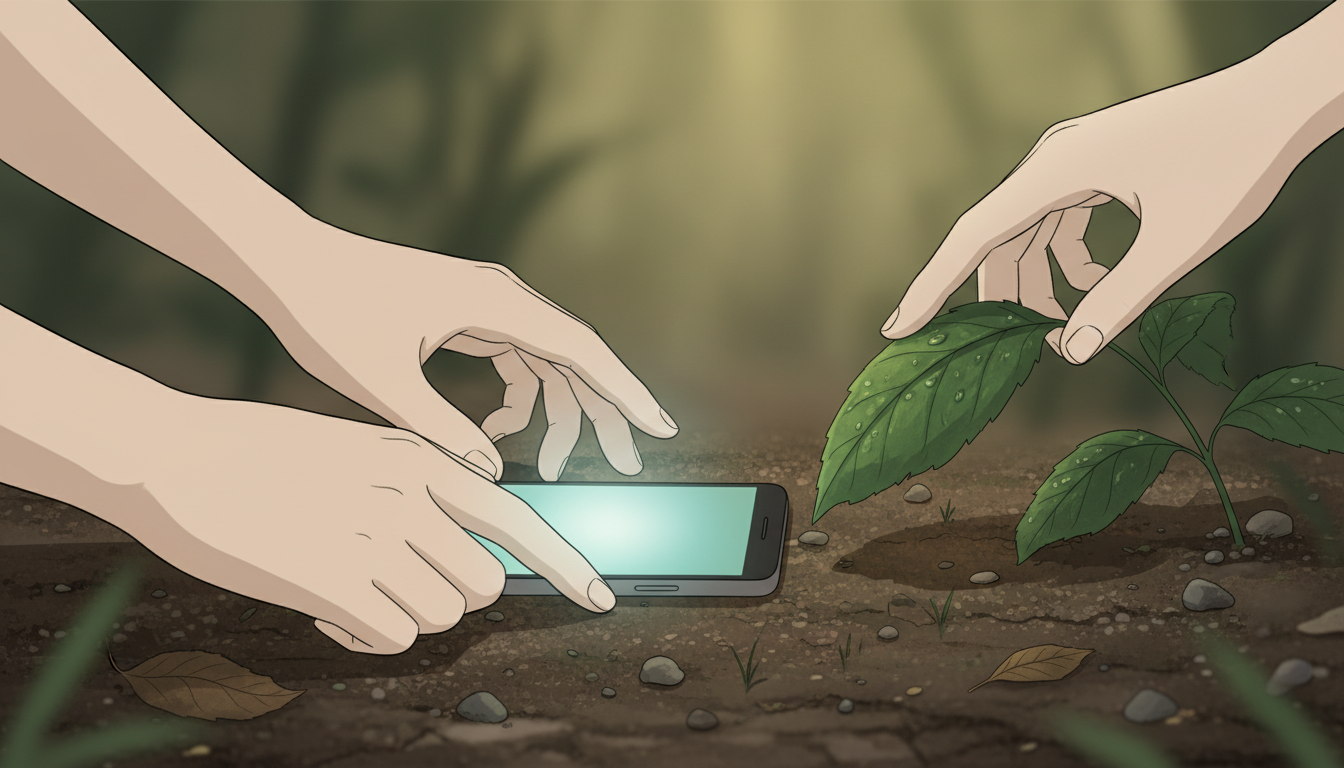 Hände, die ein leuchtendes Smartphone sanft auf eine erdige Oberfläche legen und sofort nach einem frischen, grünen Blatt greifen, symbolisieren die Wiederverbindung mit der Natur.