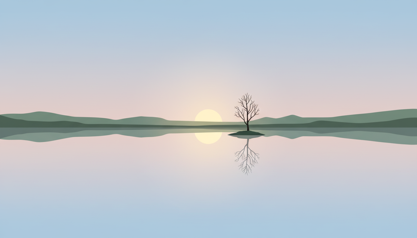 Eine ruhige Naturlandschaft mit einem stillen See bei Sonnenaufgang, die geistige Klarheit nach einem Dopamin-Detox symbolisiert.