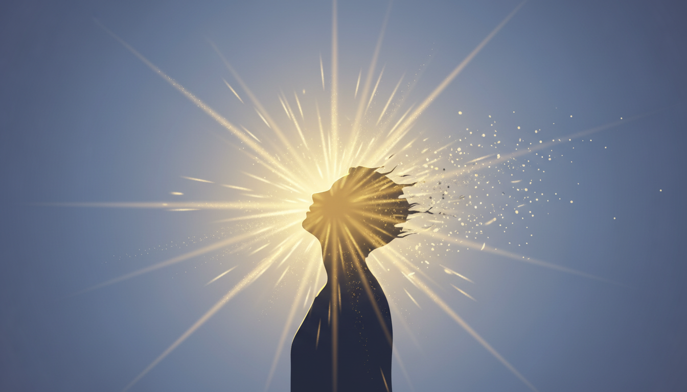 Goldenes Licht blitzt kurz auf und erhellt eine Person, symbolisch für einen schnellen, aber vergänglichen Energieschub nach einem Power-Nap.