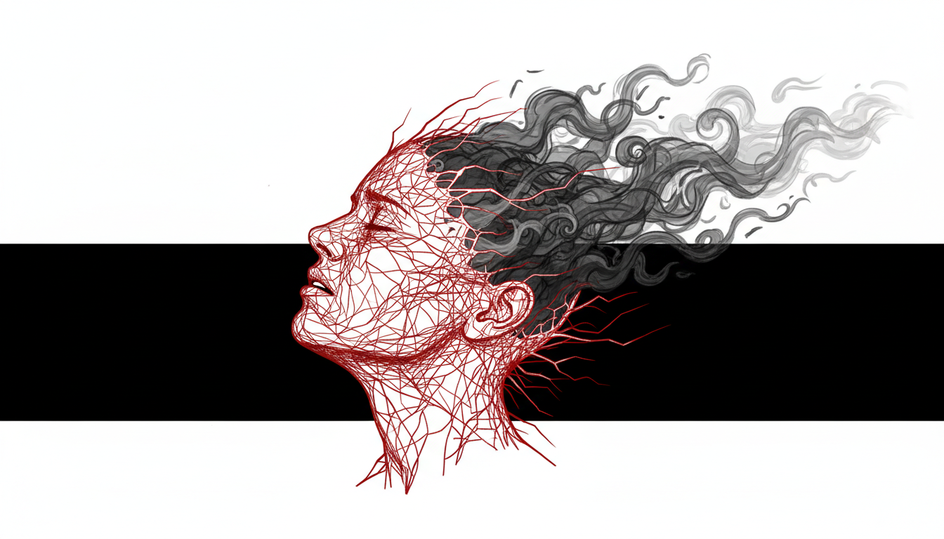 Der Kopf einer Person, umhüllt von gezackten, roten Energielinien, ringt um Ruhe, während wirbelnde, ängstliche Gedanken als chaotischer Rauch einen friedlichen, dunklen Schlafhorizont verhindern.