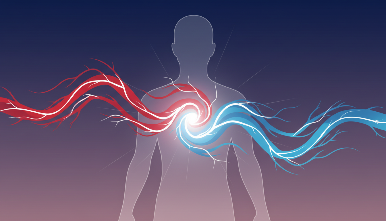 Rot-erratische und blau-ruhige Energieflüsse, die sich in einer menschlichen Silhouette harmonisieren und innere Balance symbolisieren.