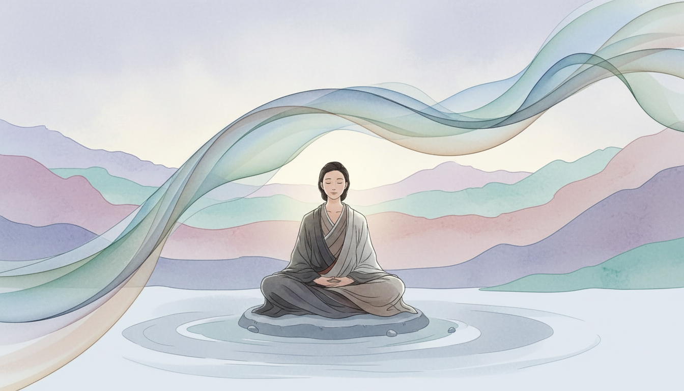 Eine sanfte Welle ruhiger Energie, die über eine friedlich sitzende Person strömt, umgeben von gedämpften Farben, die innere Ruhe und Gelassenheit durch Meditation symbolisieren.