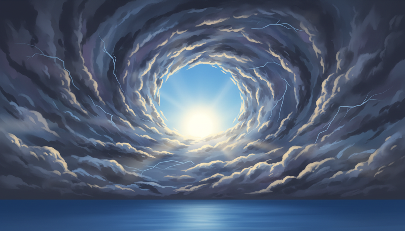 Stürmischer Himmel, der sich zu blauem Himmel und Sonne öffnet: Stressabbau und innere Ruhe