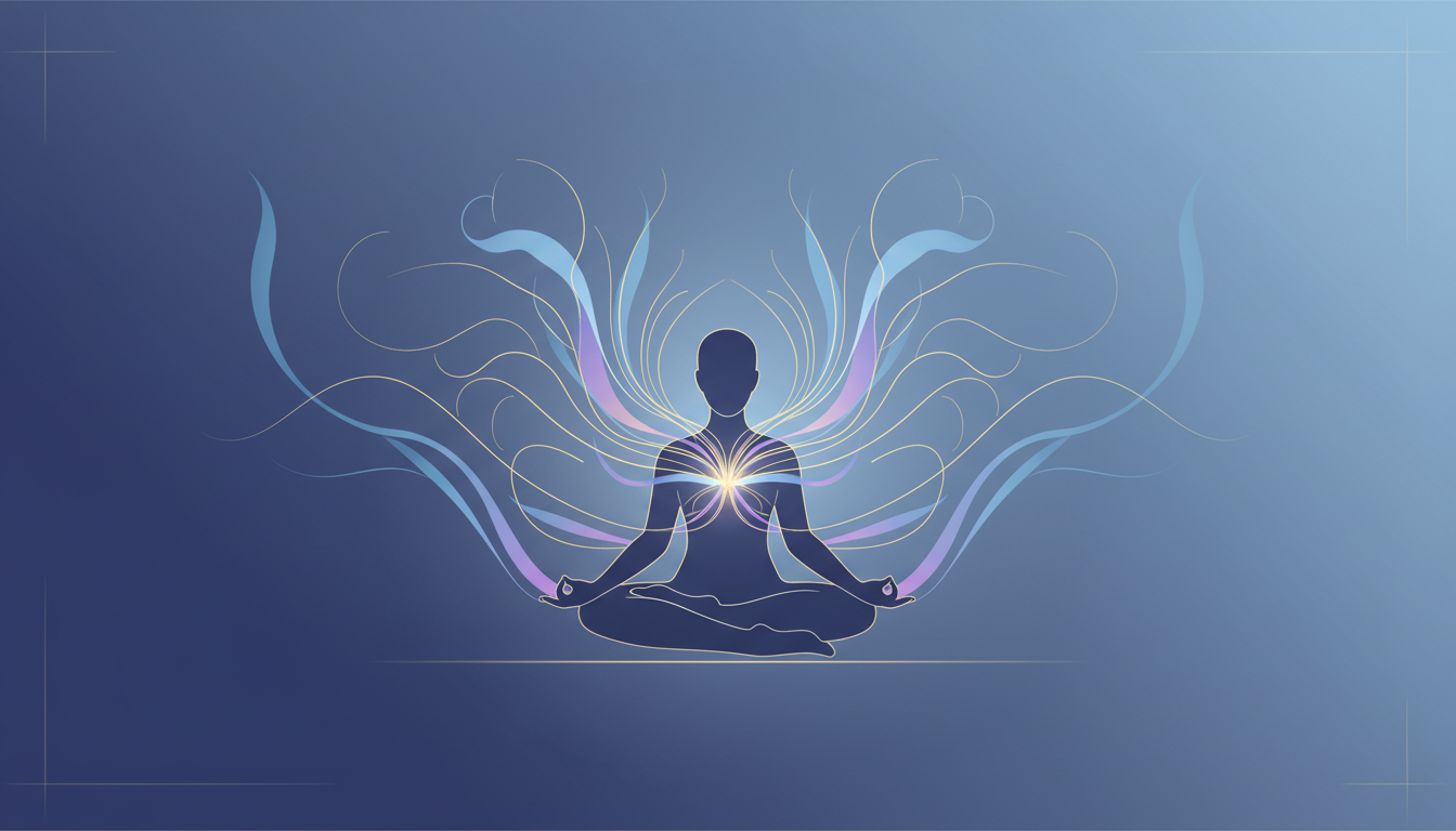 Meditierende Figur mit leuchtender Aura, Alpha-Wellen, verbesserte mentale Klarheit.