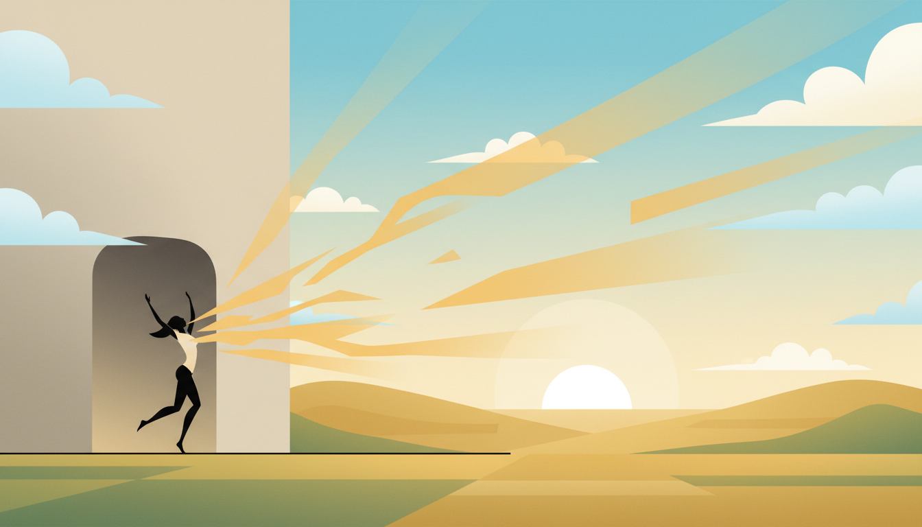 Figur, die aus einem beengten Raum in eine sonnige Landschaft tritt, sich streckt und durch Bewegung und frische Luft revitalisiert wird.