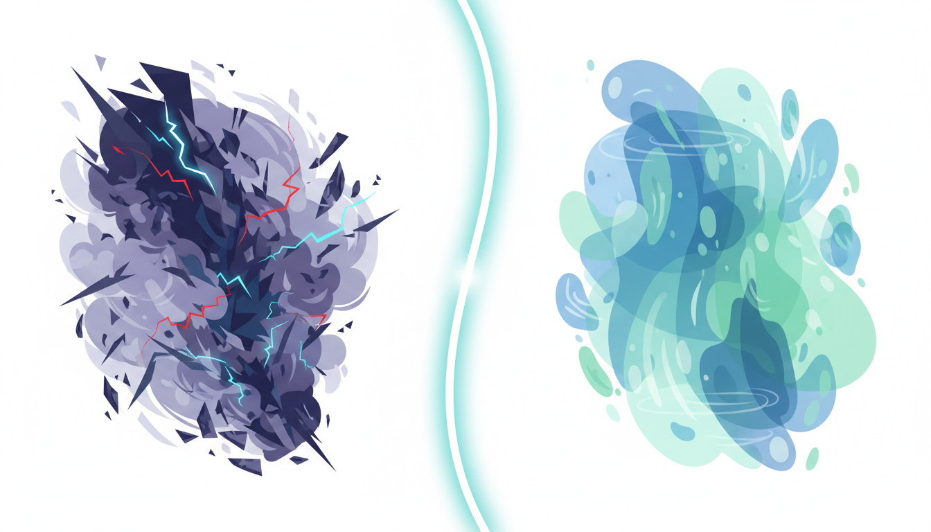 Kontrast zwischen chaotischem und klarem Geisteszustand: Links dunkle, stürmische Farben, rechts ruhige, fließende Blau- und Grüntöne, getrennt durch eine leuchtende Linie.