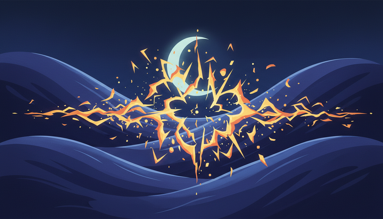 Ruhige Tiefschlafwellen in einer Nachtlandschaft, die durch eine unruhige Lichtkraft gestört und unterbrochen werden.