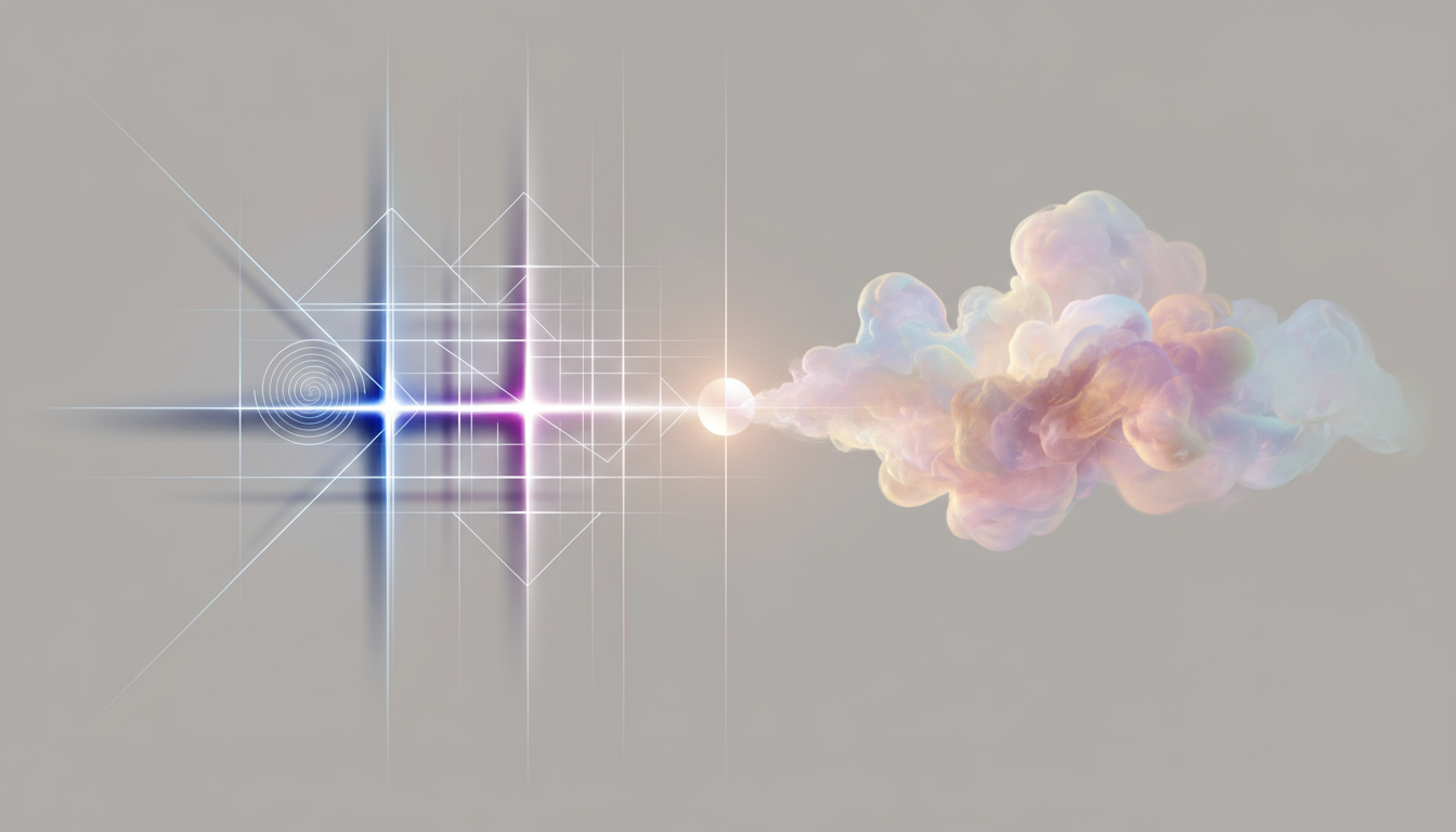 Symbolische Darstellung eines klaren, strukturierten Lichtmusters im Kontrast zu einem weichen, ätherischen Nebel, der das Gleichgewicht von Wissenschaft und Intuition im Frequenzdiskurs darstellt.