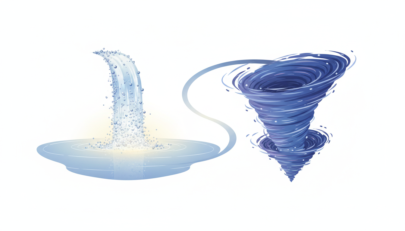 Ein metaphorischer Kreislauf: Magnesium-Partikel beruhigen einen Pool, während ein Stress-Wirbel Energie abzieht.