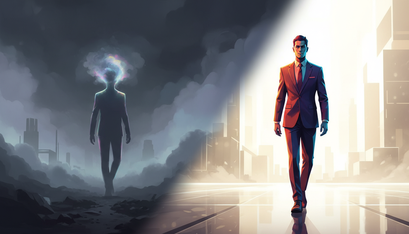 Kontrast zwischen einer undeutlichen, gestressten Figur in dunkler Atmosphäre und einer klaren, lebendigen Figur im hellen Licht.