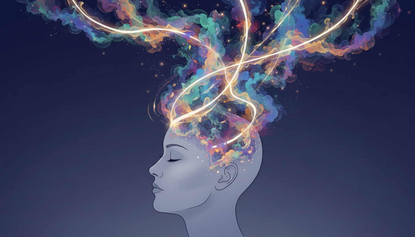 Lebendiger, irisierender Nebel steigt von einem schlafenden Kopf auf, bildet abstrakte Muster und symbolisiert REM-Schlaf und Träume.