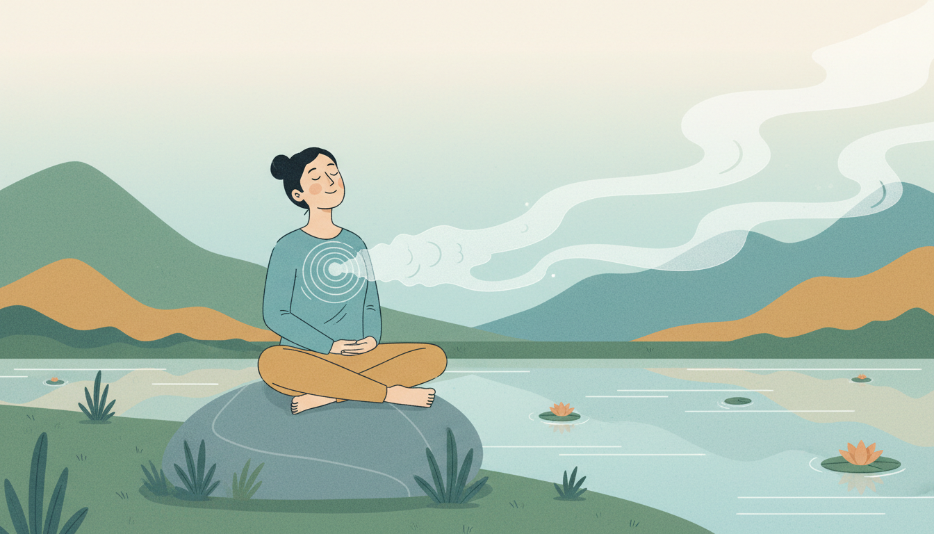 Ruhige Person atmet tief in einer friedlichen Landschaft, Stress schmilzt wie Nebel dahin, symbolisiert inneren Frieden und Entspannung.