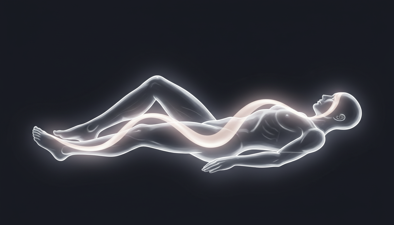 Leuchtende, transparente menschliche Silhouette, durch die sich eine Welle aus sanftem Licht von den Füßen aufwärts bewegt und jedes Körpersegment beim Body Scan beleuchtet.