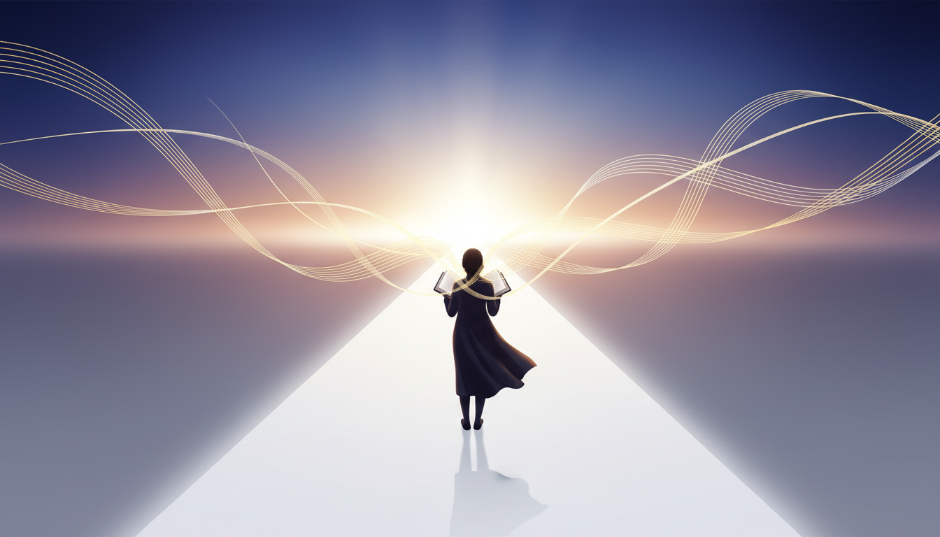 Person blickt zu hellem Horizont, Lichtstrahlen vom Journal zeigen zukünftige Ziele und klare Wege.