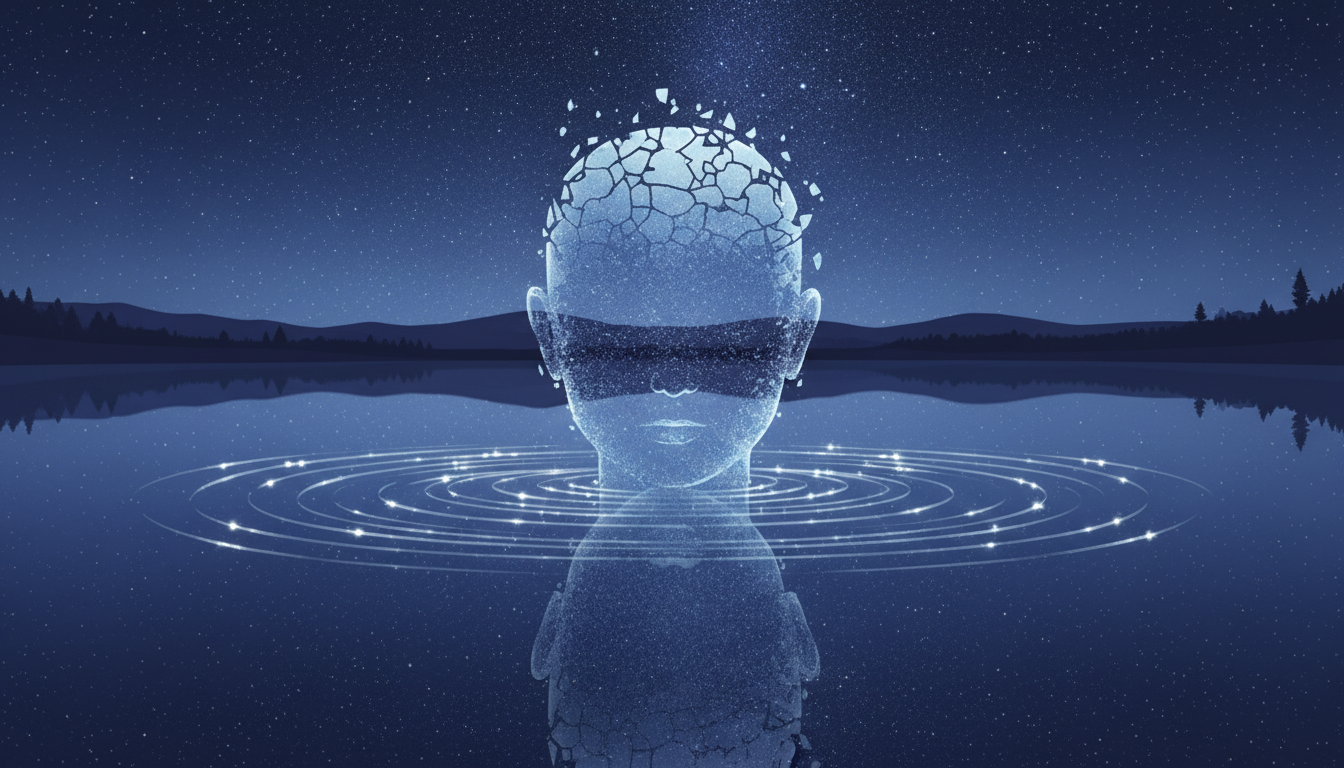 Ein Kopf, der sich in einen stillen See auflöst, welcher einen klaren Sternenhimmel widerspiegelt, mit sanften, sich ausbreitenden Wellen, symbolisiert tiefe Ruhe und mentale Klarheit.