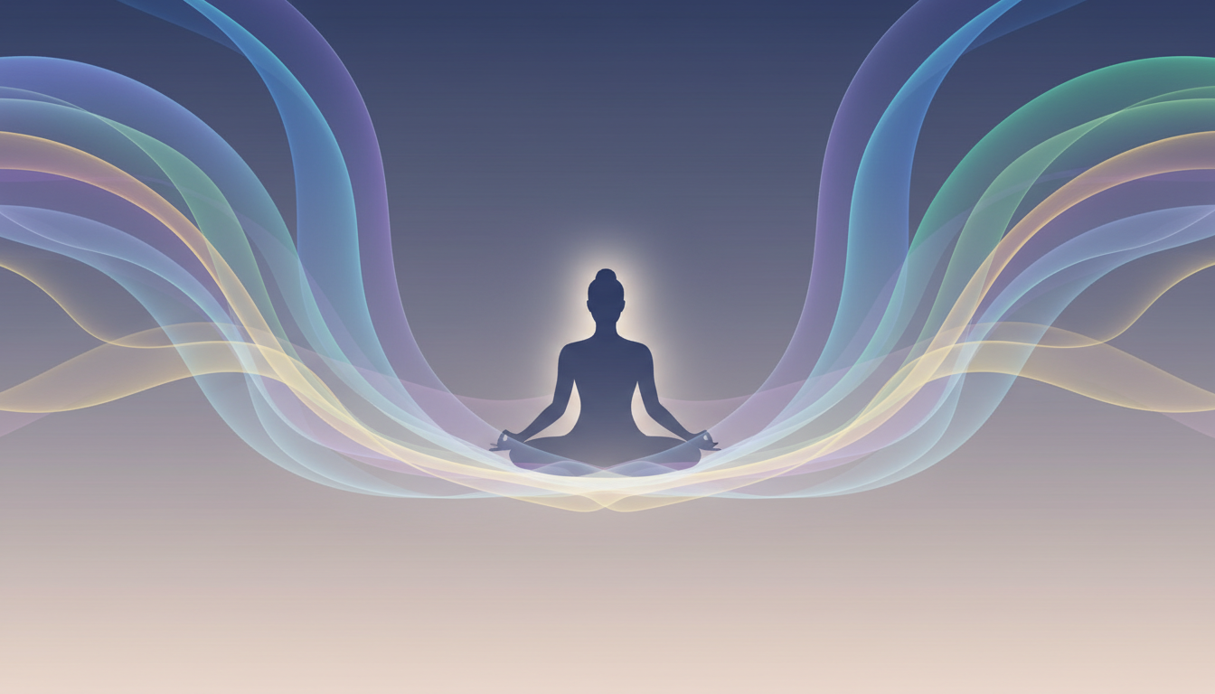 Eine meditierende Person, umhüllt von sanften, wellenförmigen Licht- und Farbschwingungen, die tiefe Entspannung und harmonische innere Frequenzen symbolisieren.