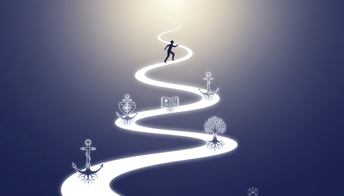 Person auf einer Selbstfindungsreise, die einen gewundenen, beleuchteten Pfad mit symbolischen Ankern erklimmt.