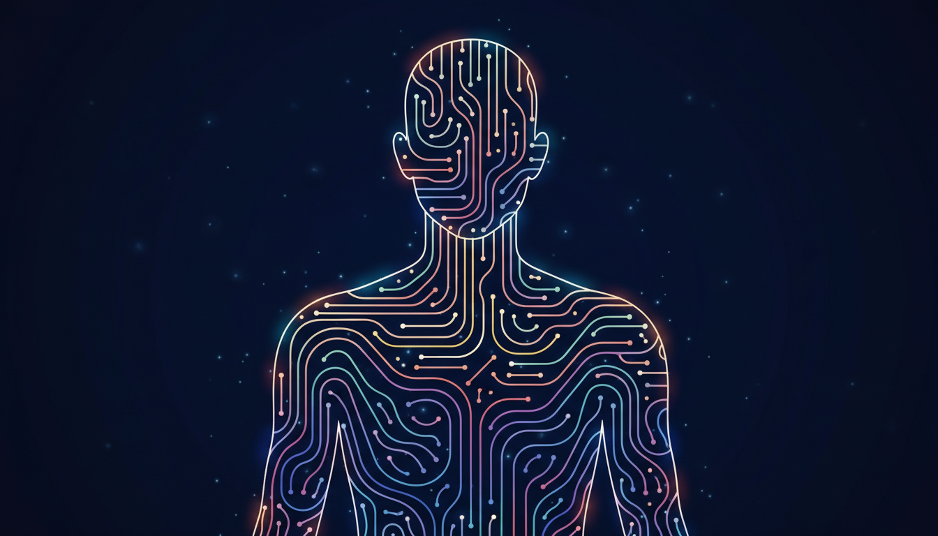 Menschliche Silhouette mit leuchtenden, vernetzten Pfaden, die Werte und Handlungen in Einklang bringen und ein kohärentes Netzwerk bilden.