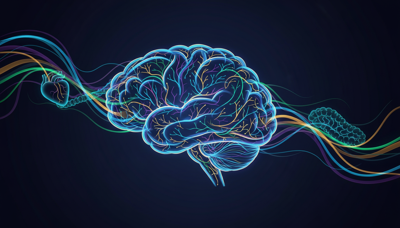 Abstrakte Licht- und Energielinien, die durch eine stilisierte Gehirnkontur verlaufen, stellen synchronisierte Nervenbahnen dar.