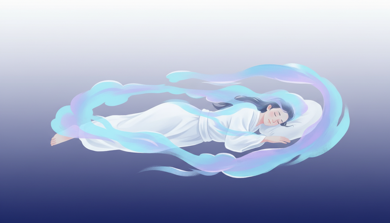 Ätherische Energiefelder um eine entspannte Person, die einen ruhigen Geisteszustand für erholsamen Schlaf zeigen.